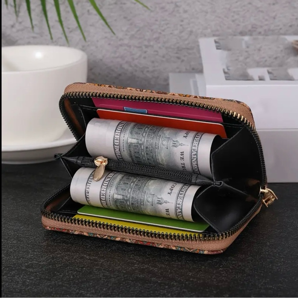 Boho Cork Mini Wallet Floral Coin Purse Zipper Credit Card Holder Vegan Travel - Picture 4 of 8
